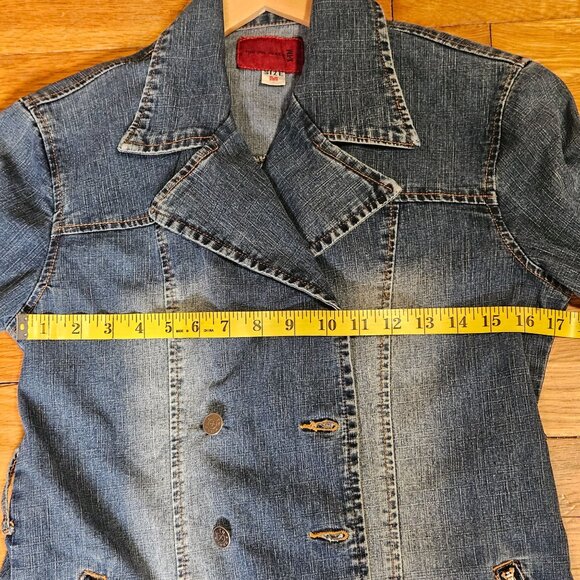 Womans distressed utility military style double breasted button up cotton denim - Picture 12 of 12